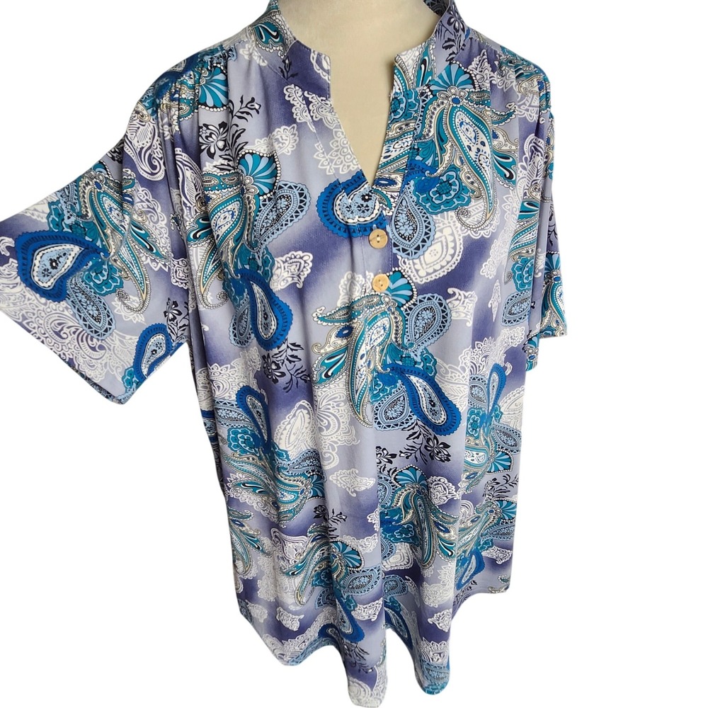 LARACE Womens Plus 4X V-Neck SS Tunic Top Blouse Blue Paisley Soft Stretch Boho‎